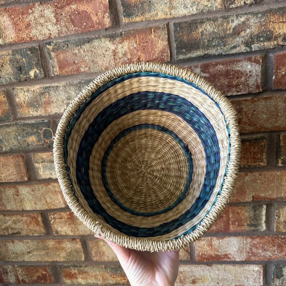 Handwoven Round Seagrass Basket with Lid Blue Green Neutral Striped Boho Storage